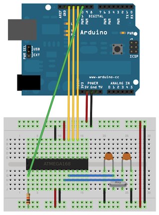 Using an Arduino board to burn the bootloader onto an ATmega on a breadboard.